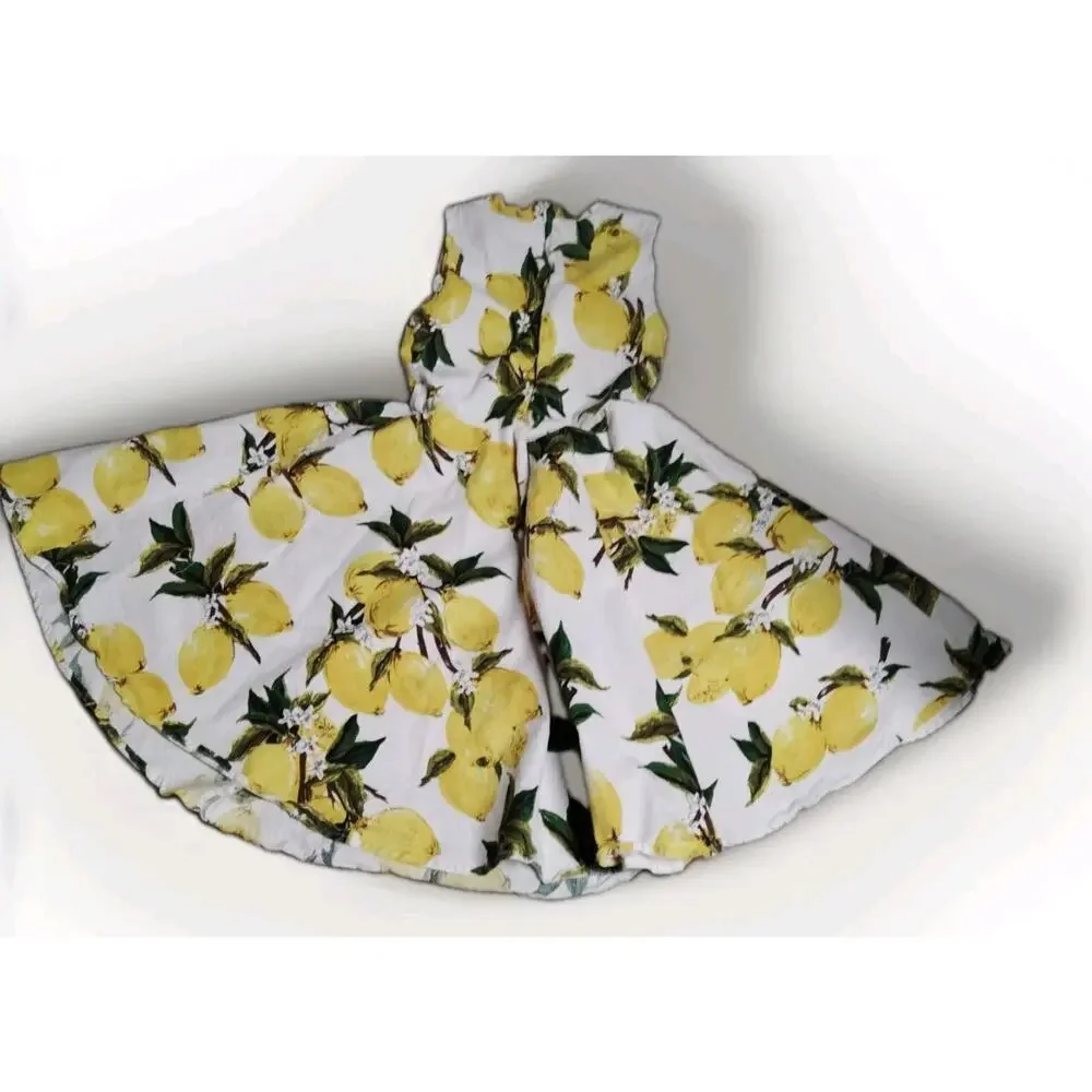 Lemon Print Fit And Flare Midi Dress 13 Teen Fun Summer Picnic Stretch